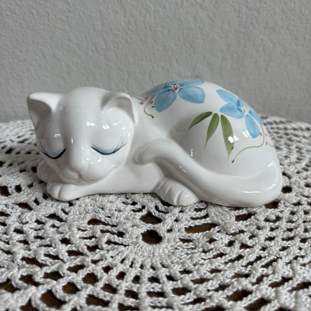 1989 House of Lloyd Ceramic Cat White with Blue Flowers Sleeping Kitty Figurine